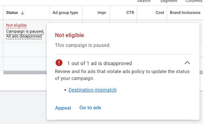Google Ads: кампания остановлена, объявление отклонено с причиной Destination mismatch.